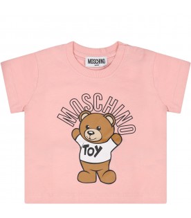 Pink t-shirt for baby girl with Teddy Bear and logo