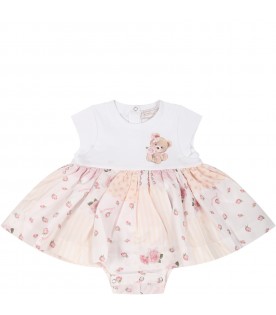 Multicolor dress for baby girl with Teddy Bear,logo and floral print