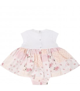 Multicolor dress for baby girl with Teddy Bear,logo and floral print