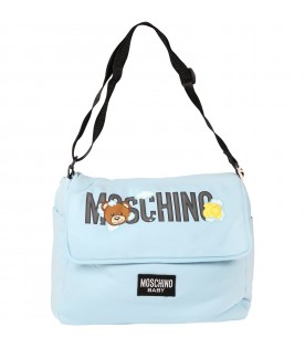 Light-blue changing-bag for baby kids with Teddy Bear, cloud and logo
