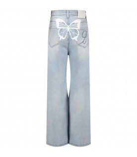 Light blue jeans for girl with logo and print
