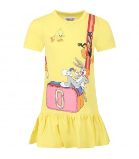 Yellow dress for girl with print and logo