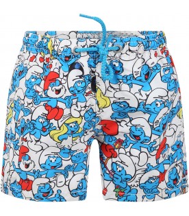 Multicolor swim boxer for bouy with  smurf print and logo
