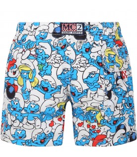Multicolor swim boxer for bouy with  smurf print and logo