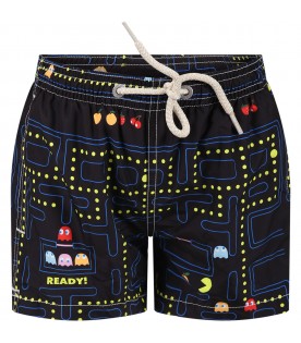 Black swim boxer for boy with pacman print and logo