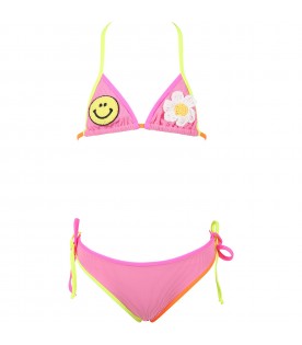 Fuchsia bikini for girl with logo, smiley and flower patch