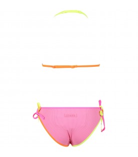 Fuchsia bikini for girl with logo, smiley and flower patch