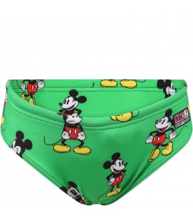 Green swim-briefs for boy with Mickey Mouse print and logo