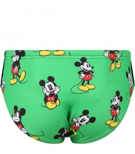 Green swim-briefs for boy with Mickey Mouse print and logo