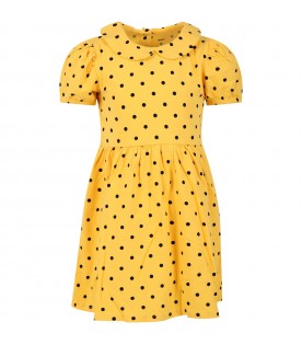 Yellow dress for girl with  black polka dots