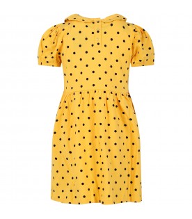 Yellow dress for girl with  black polka dots