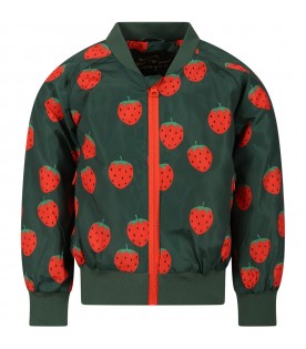 Green jacket for girl with strawberry print  and logo