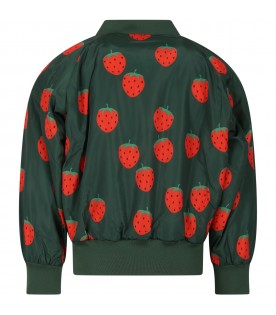 Green jacket for girl with strawberry print  and logo