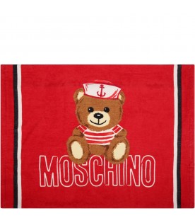 Red beach towel for kids with Teddy bear and logo