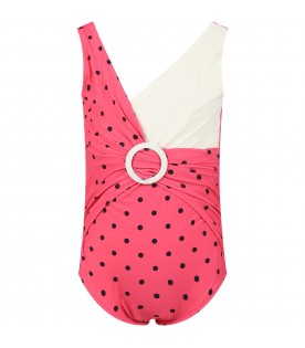 Fuchsia swimsuit for girl with  black polka dots