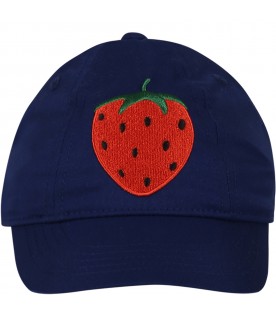 Blue hat for kids with strawberry and logo