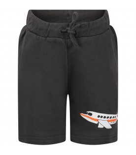 Gray shorts for boy with airplane print and logo