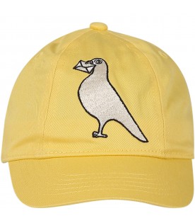 Yellow hat for boy with  pigeon and logo embroidered