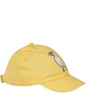 Yellow hat for boy with  pigeon and logo embroidered