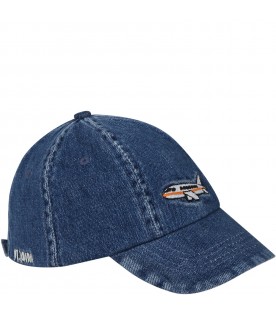 Blue hat for boy with airplane and logo embroidered