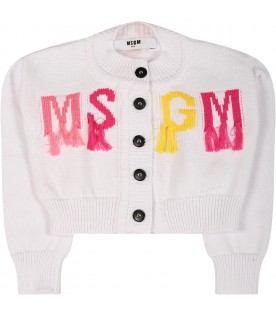 White cardigan for baby girl with multicolor logo