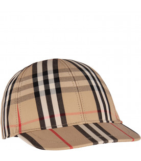 Beige hat for kids with iconic checks