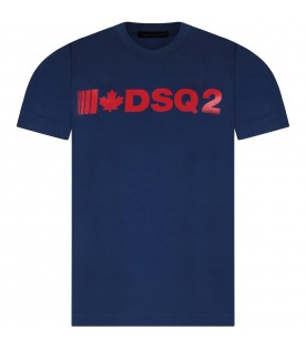 T-shirt bleu pour garçon avec logo rouge et feuille d'érable